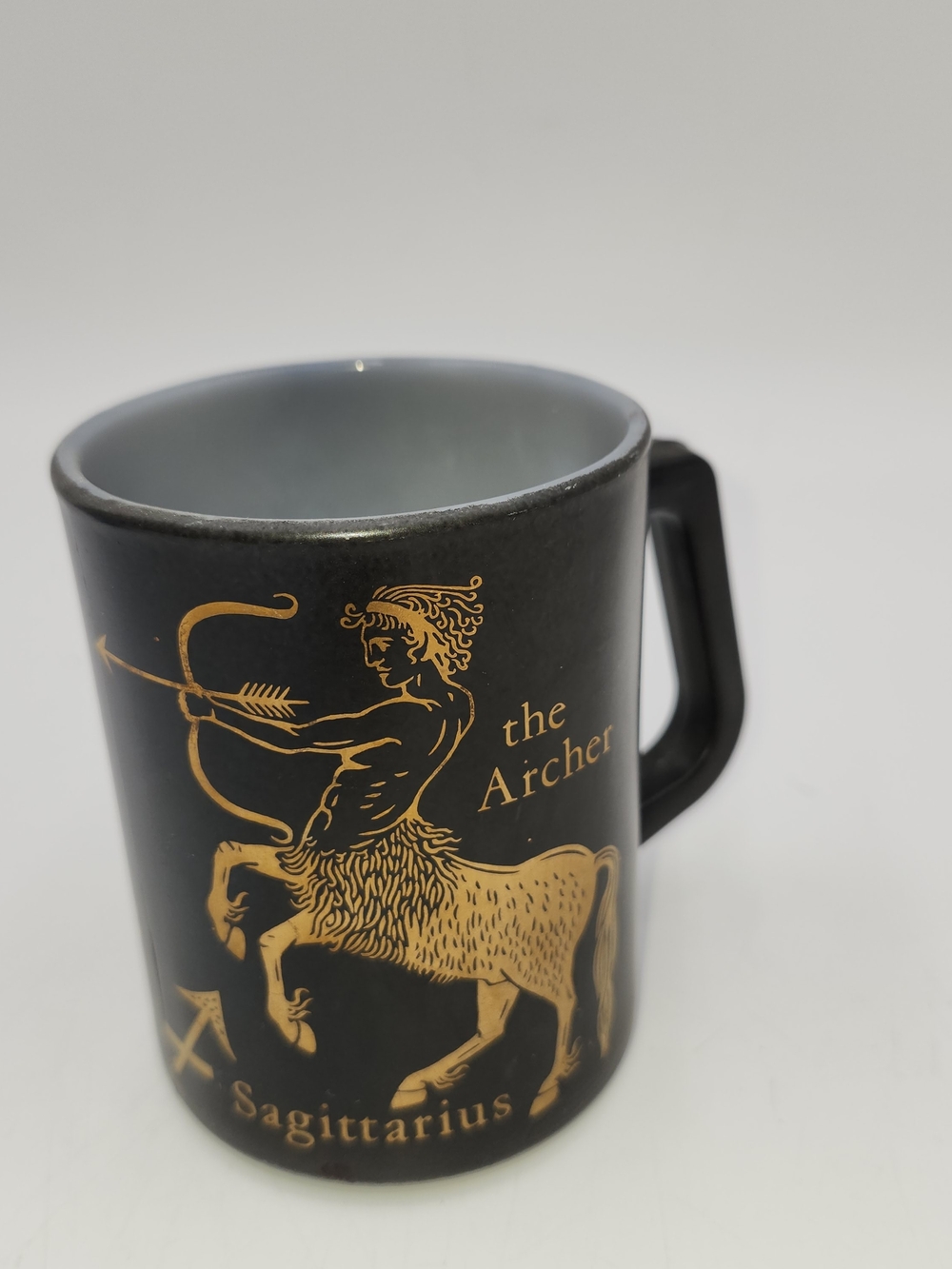 Federal Milk Glass Zodiac Sagittarius The Archer Mug Black and Gold USA Vtg MCM